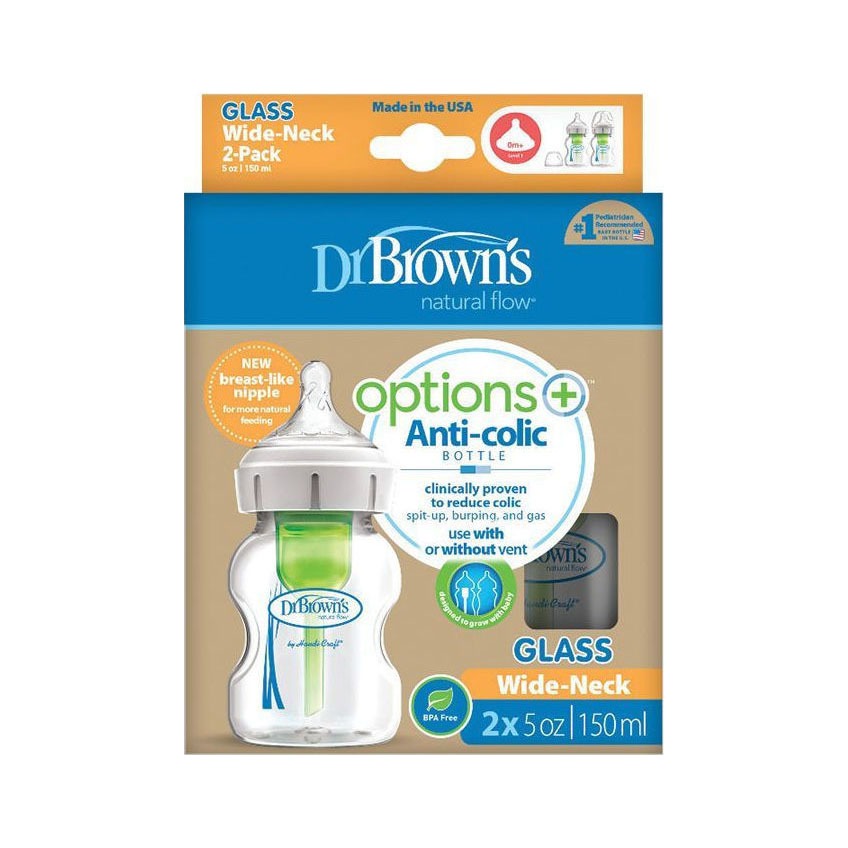 Μπιμπερό Γυάλινο Options+ Με Φαρδύ Λαιμό 150ml (2 τεμ) Dr. Brown's WB52700